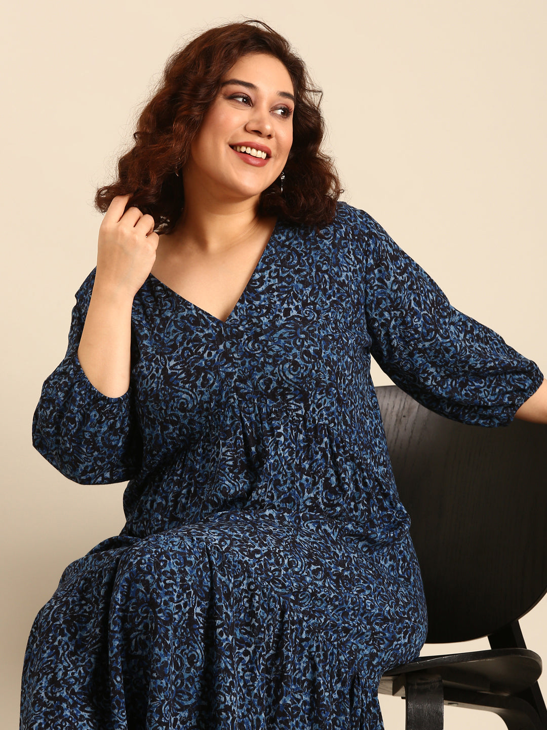 Women Navy Print Alia-Cut Tiered Dress