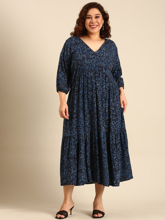 Women Navy Print Alia-Cut Tiered Dress