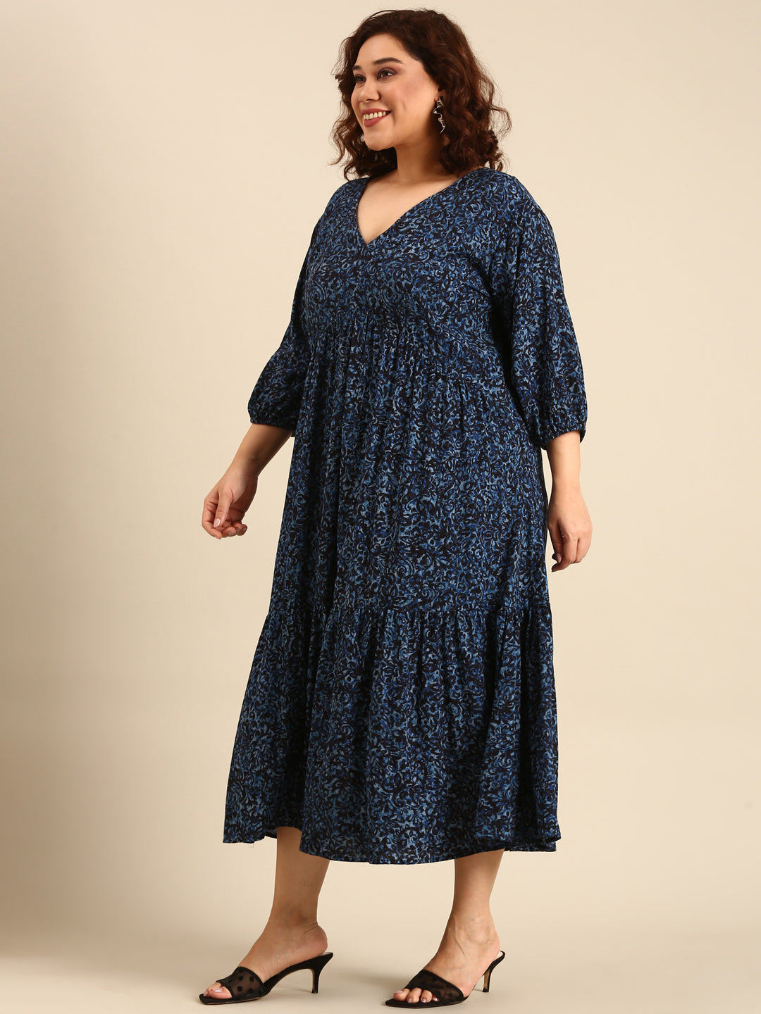 Women Navy Print Alia-Cut Tiered Dress