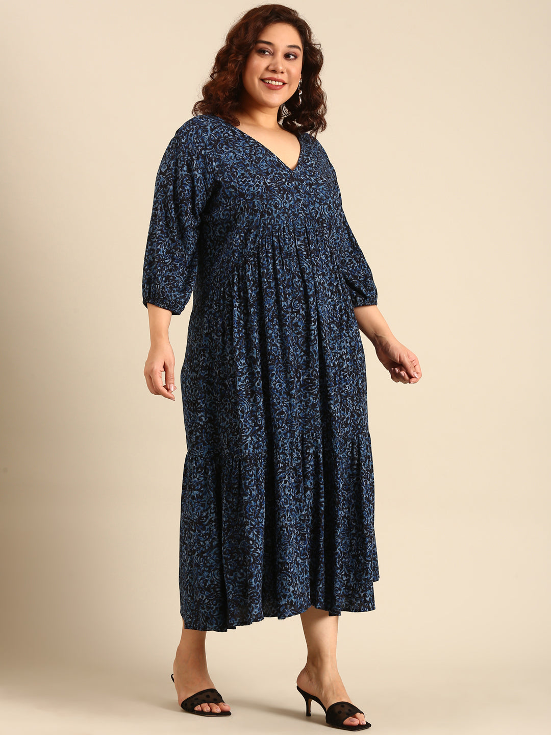Women Navy Print Alia-Cut Tiered Dress