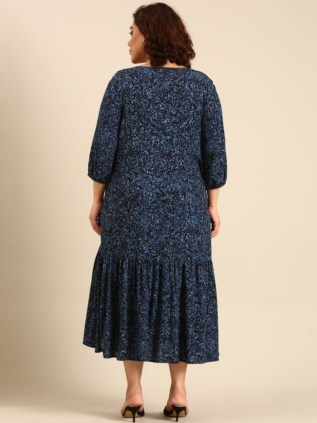 Women Navy Print Alia-Cut Tiered Dress