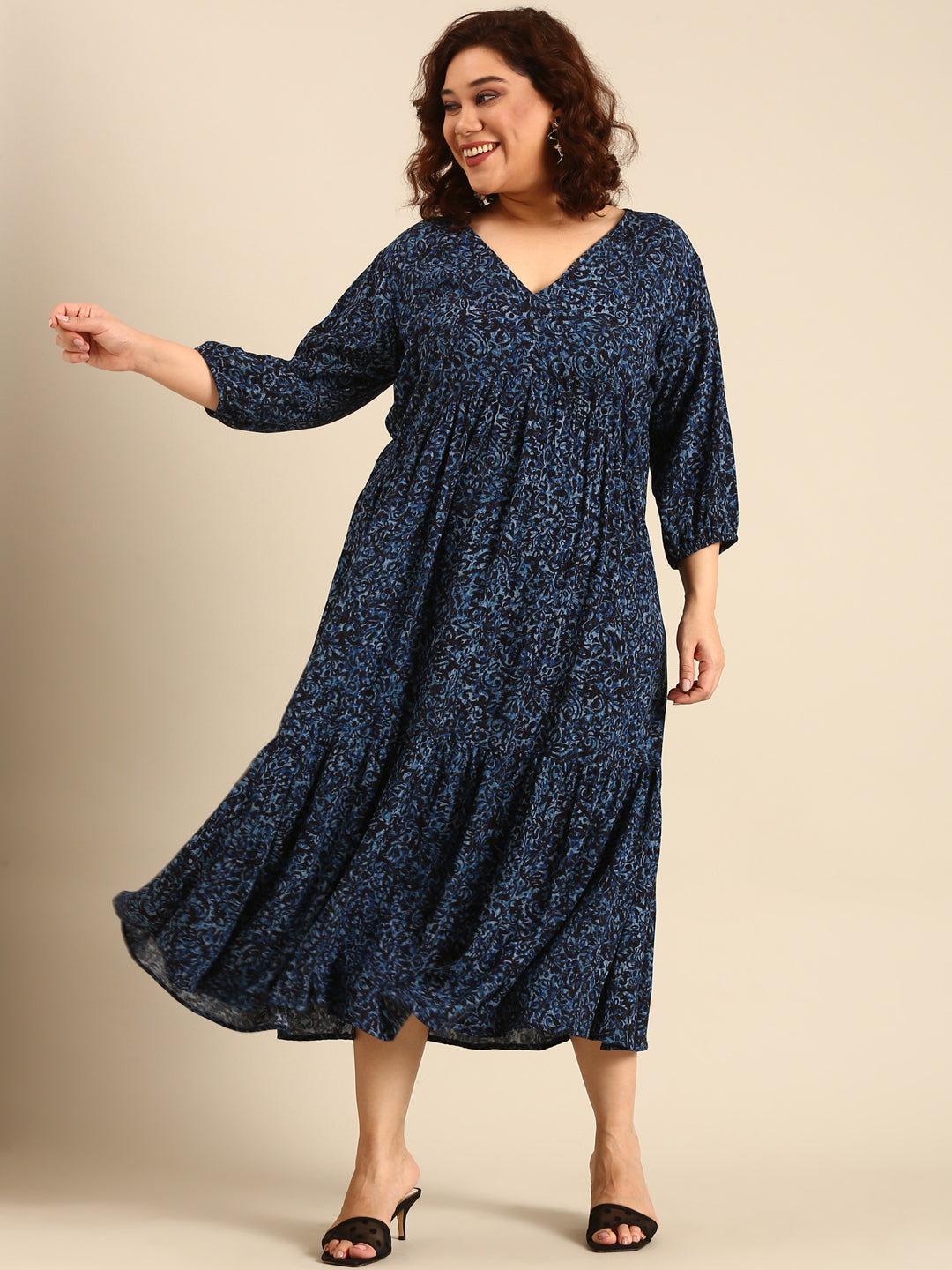 Women Navy Print Alia-Cut Tiered Dress