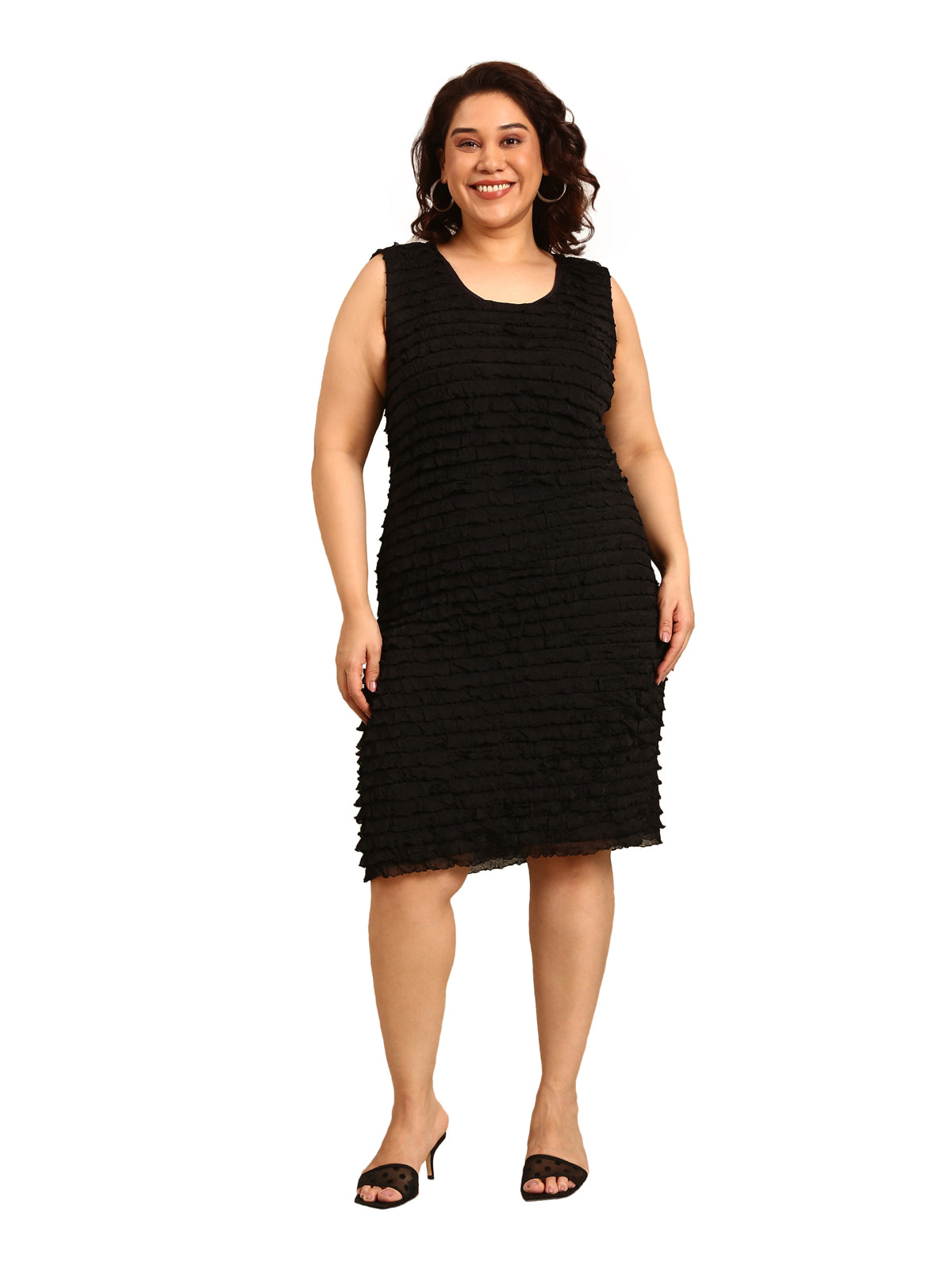 Women Black Frill Sleeveless Knee Length Dress