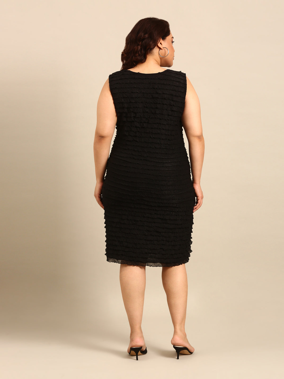 Women Black Frill Sleeveless Knee Length Dress