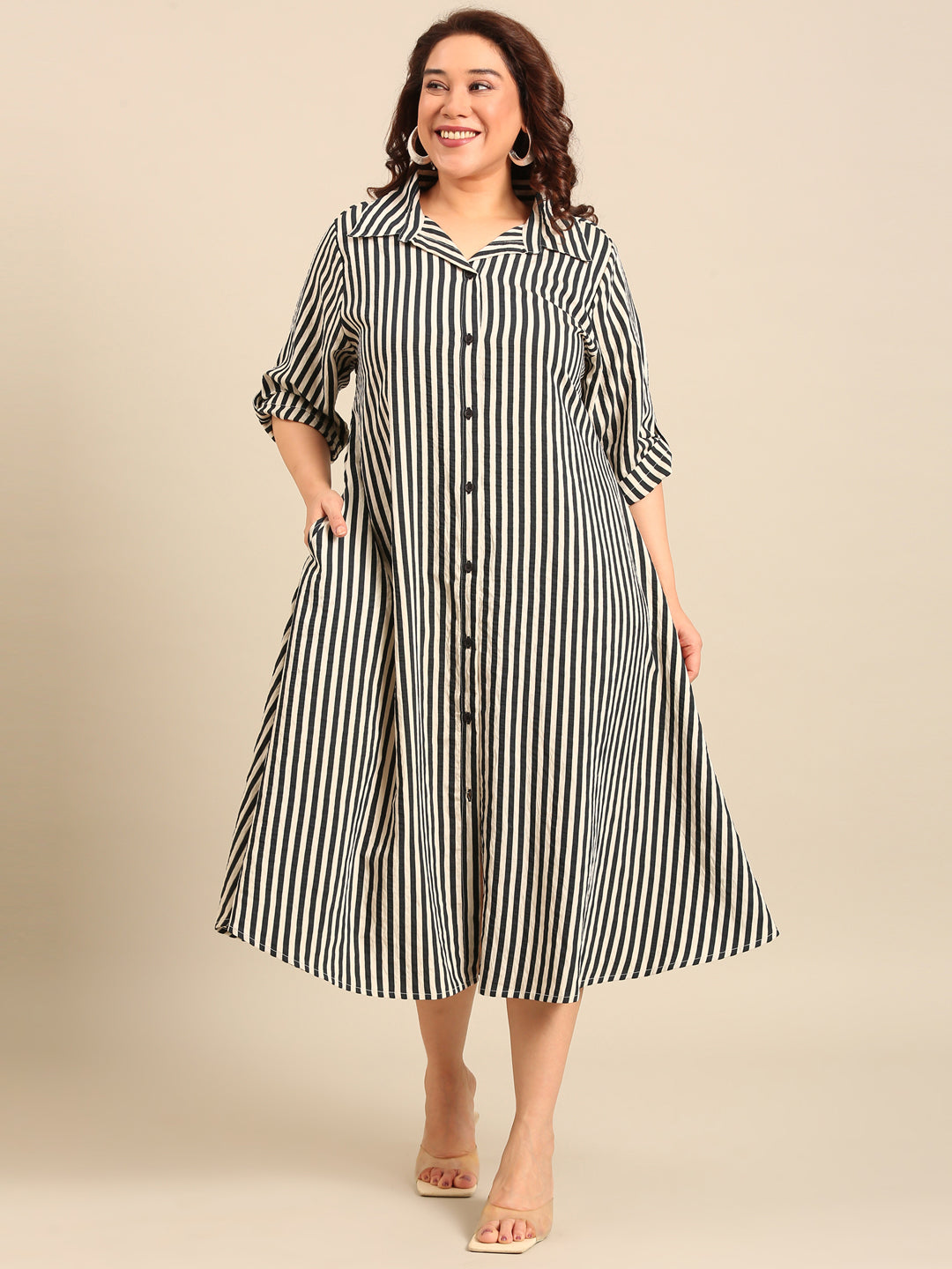 Women Navy and White Striped Shirt Dress