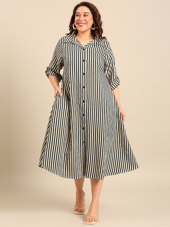 Women Navy and White Striped Shirt Dress