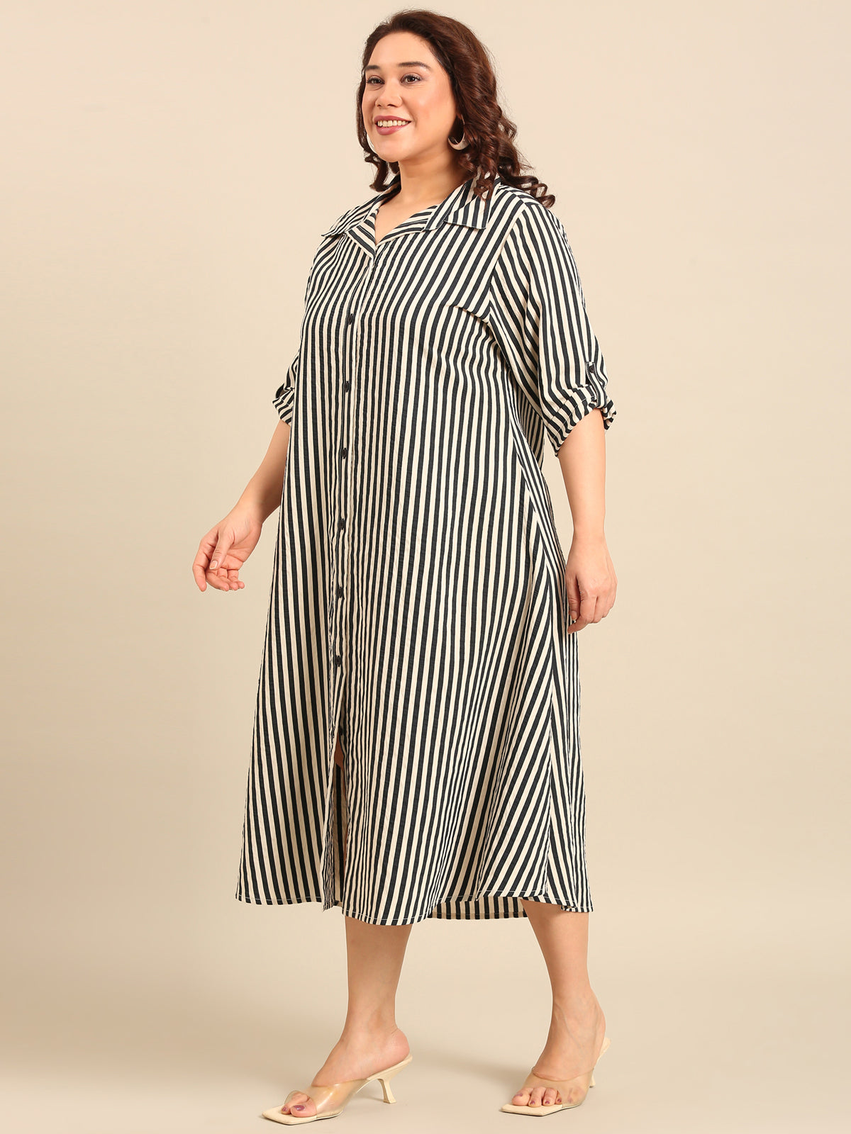 Women Navy and White Striped Shirt Dress