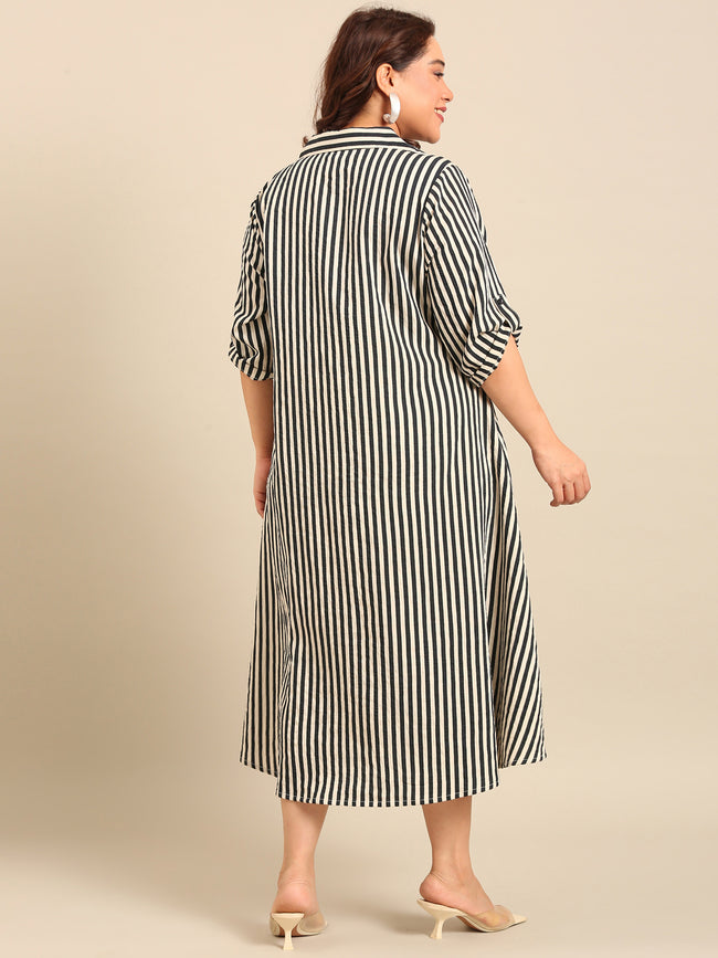 Women Navy and White Striped Shirt Dress