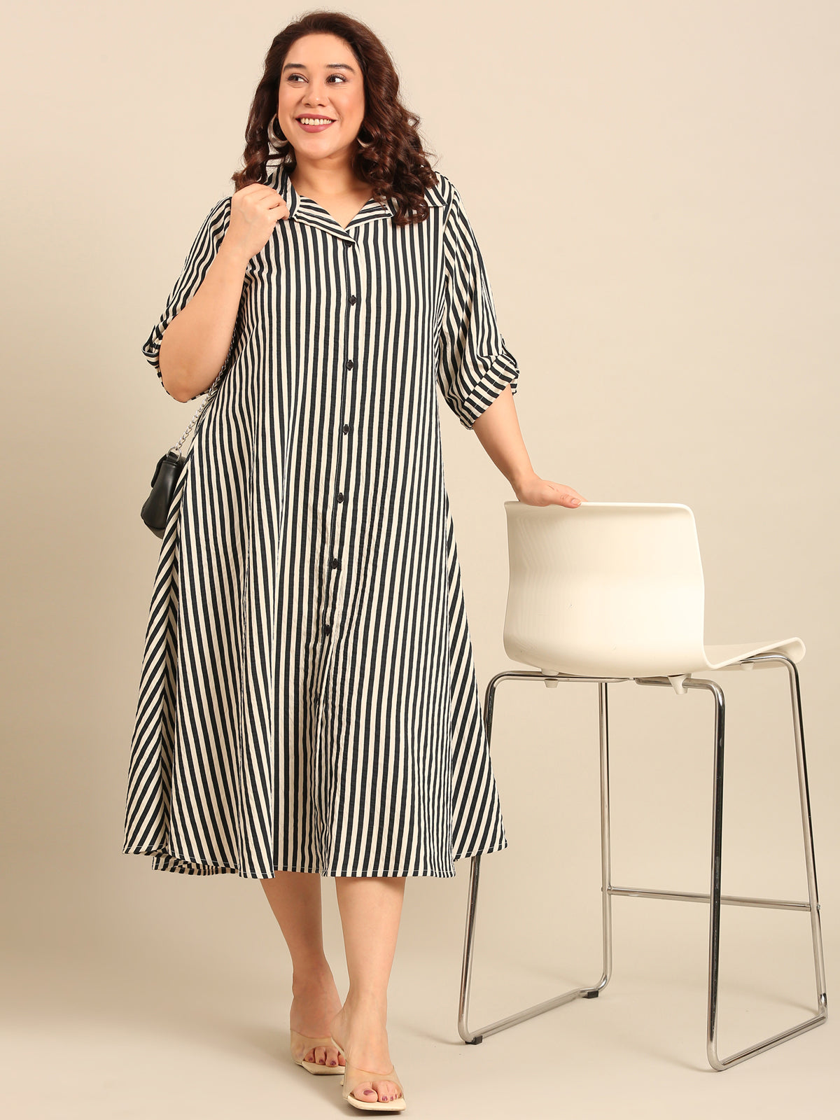 Women Navy and White Striped Shirt Dress