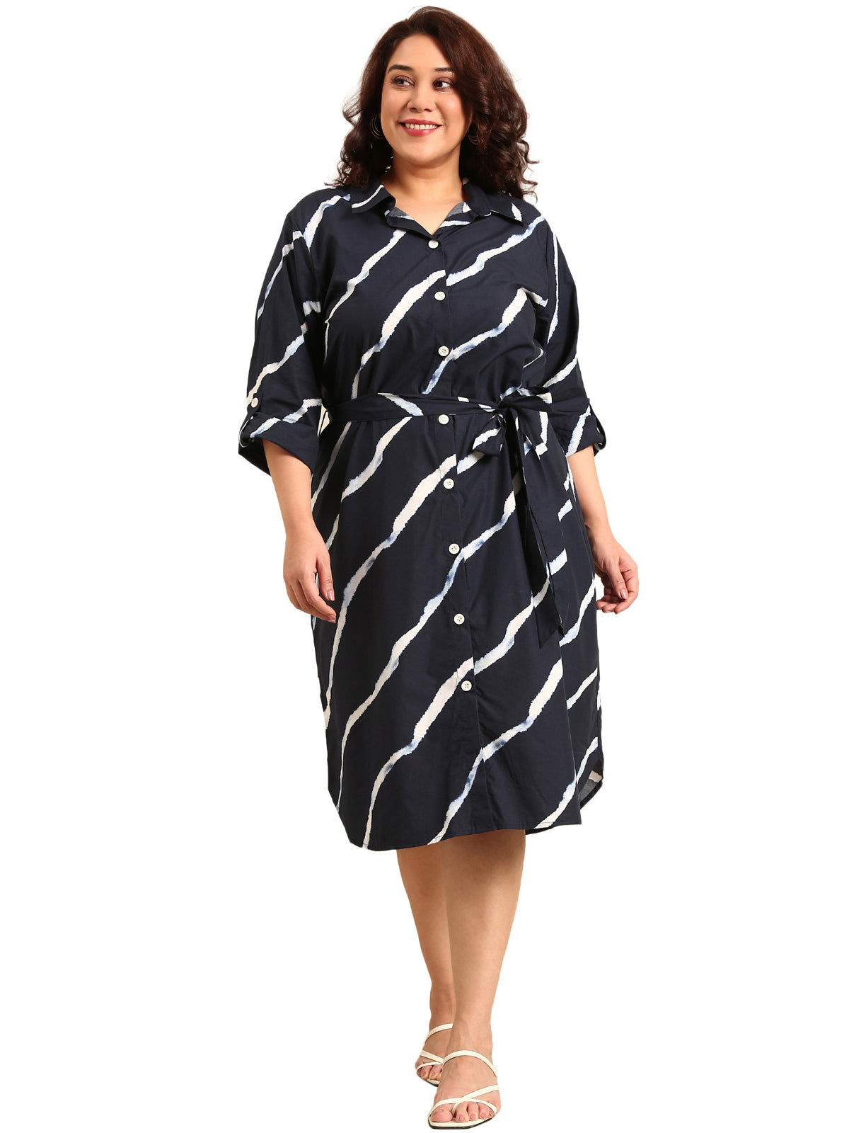 Women Navy Bias Striped Shirt Dress