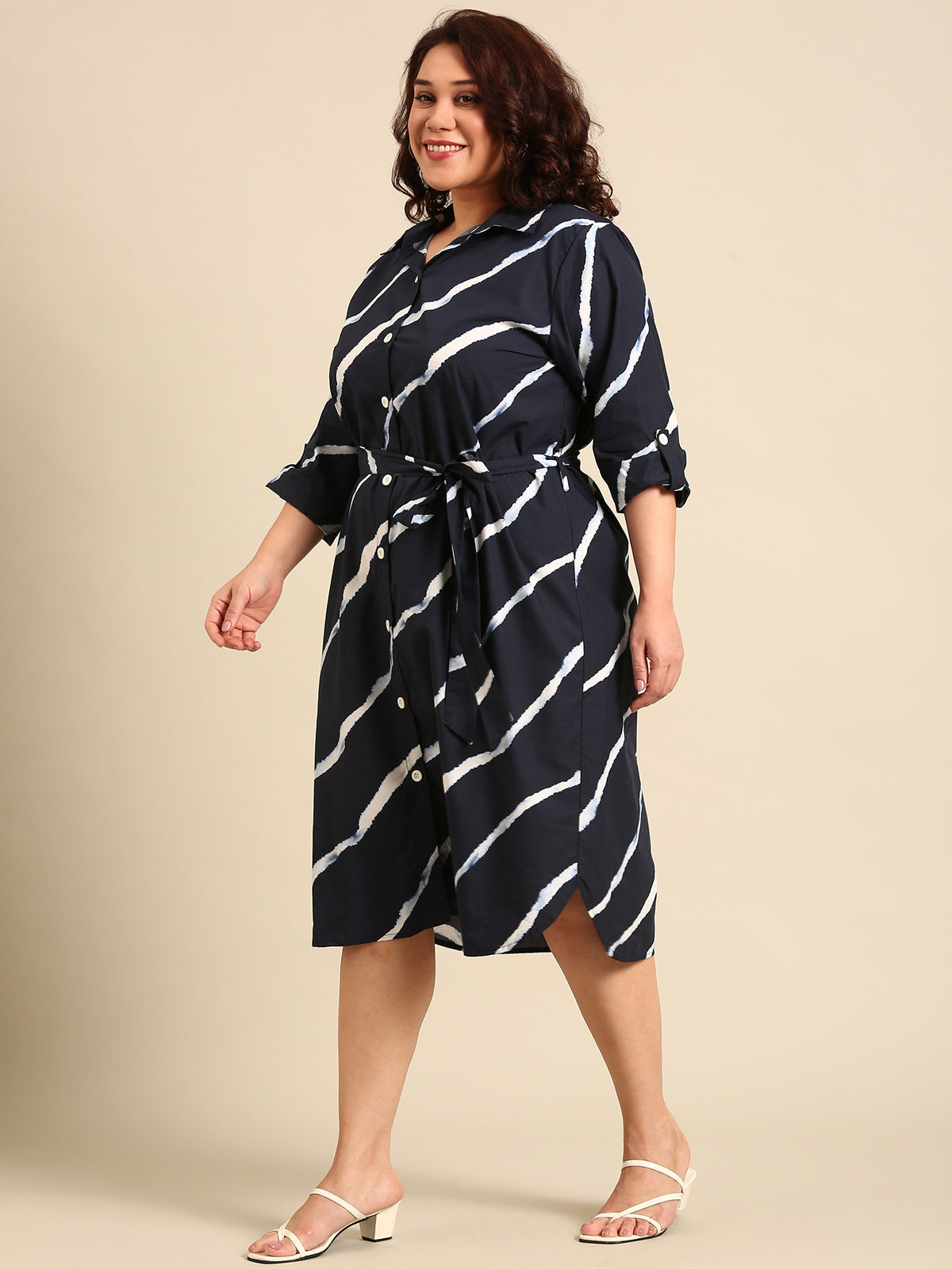 Women Navy Bias Striped Shirt Dress