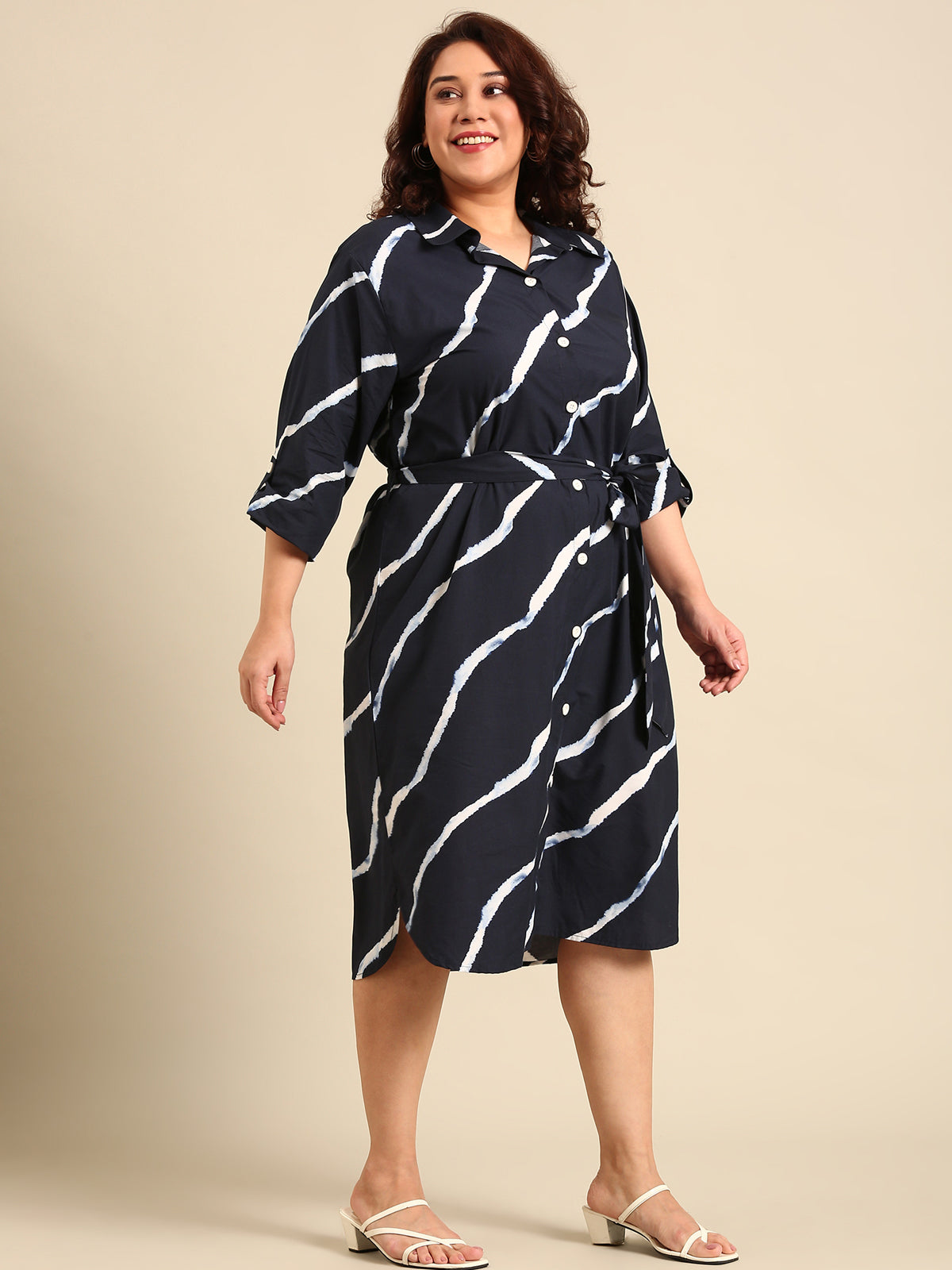 Women Navy Bias Striped Shirt Dress