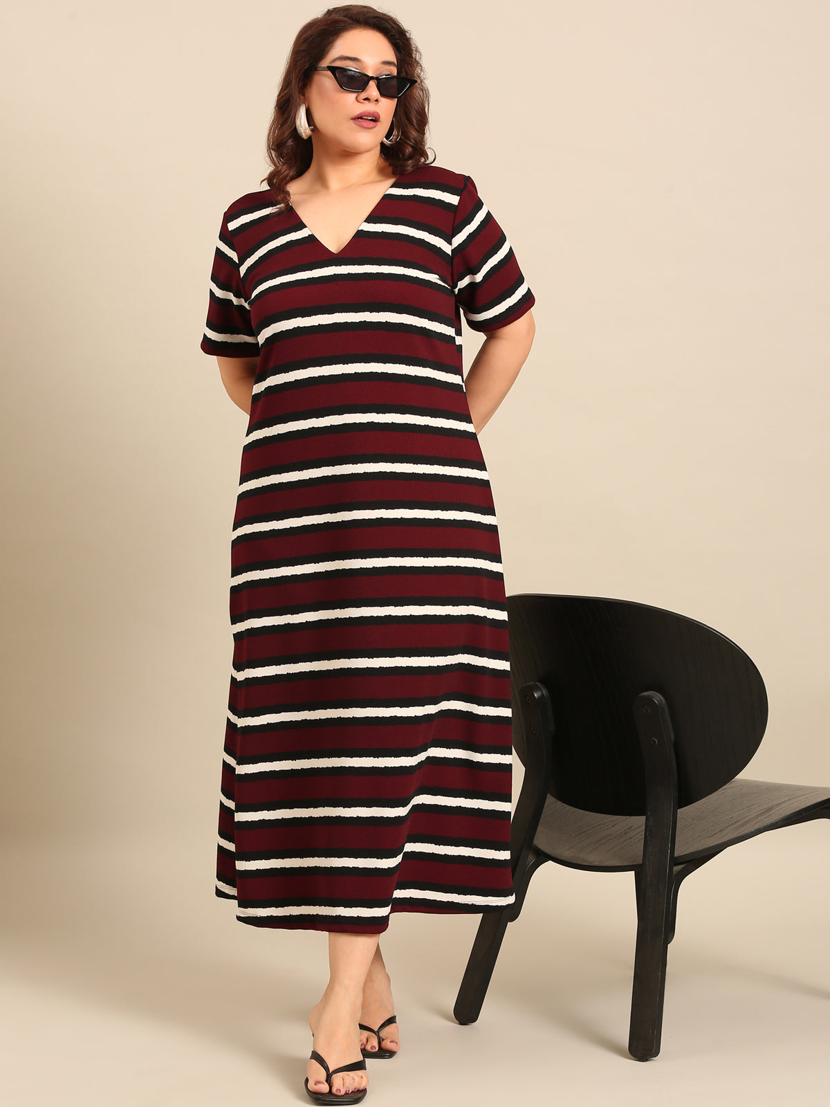 Women Brown Striped A-Line Maxi Dress