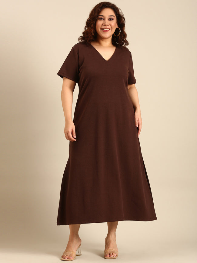 Women Brown Rib A-Line Dress