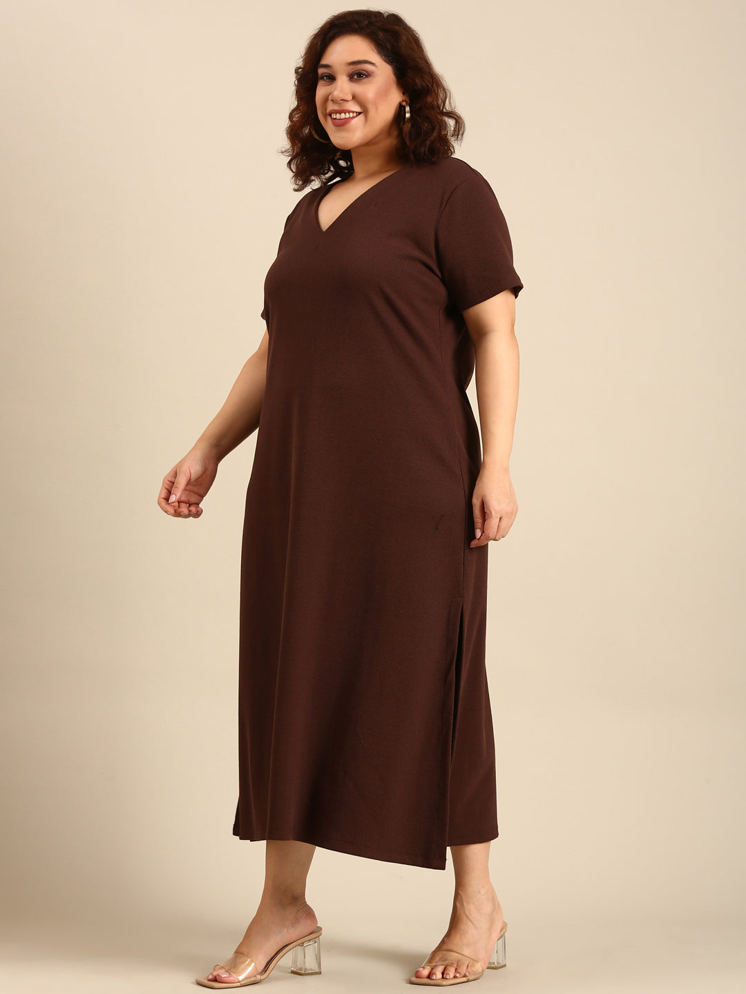 Women Brown Rib A-Line Dress