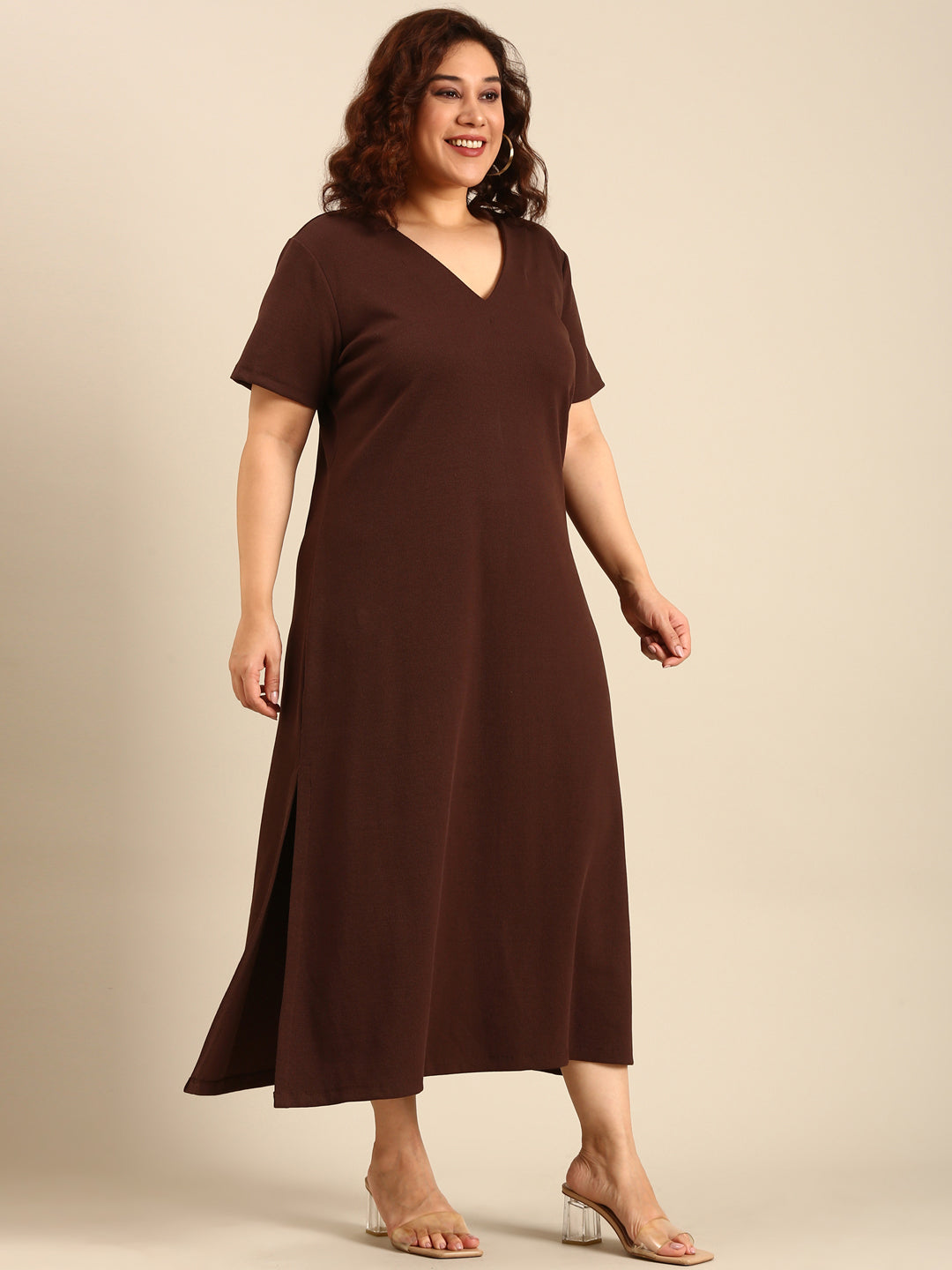 Women Brown Rib A-Line Dress