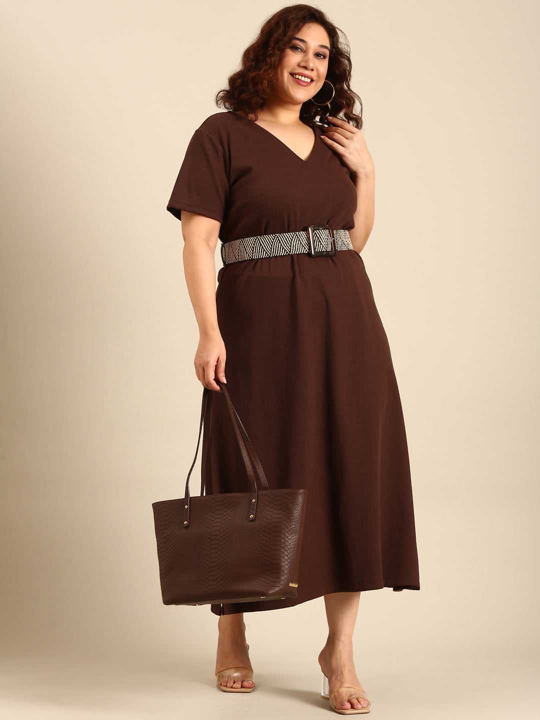 Women Brown Rib A-Line Dress