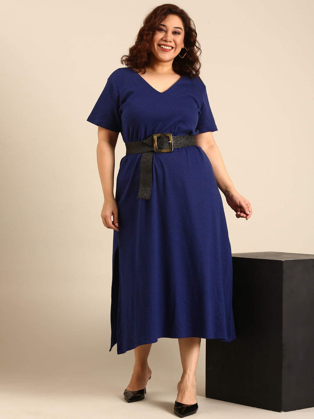 Women Cobalt Rib A-Line Dress