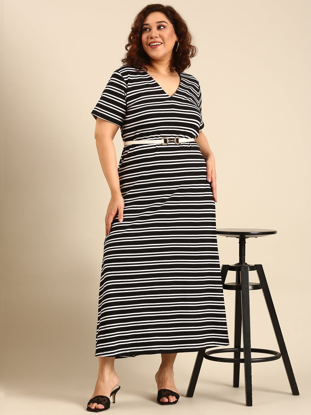Women Black Striped A-Line Dress