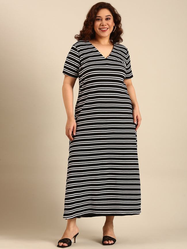 Women Black Striped A-Line Dress