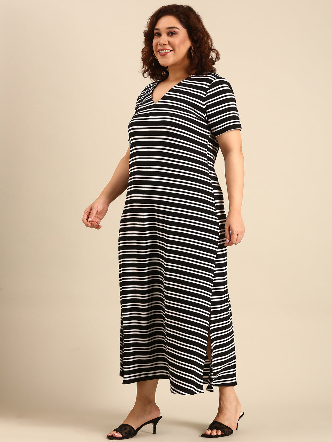 Women Black Striped A-Line Dress