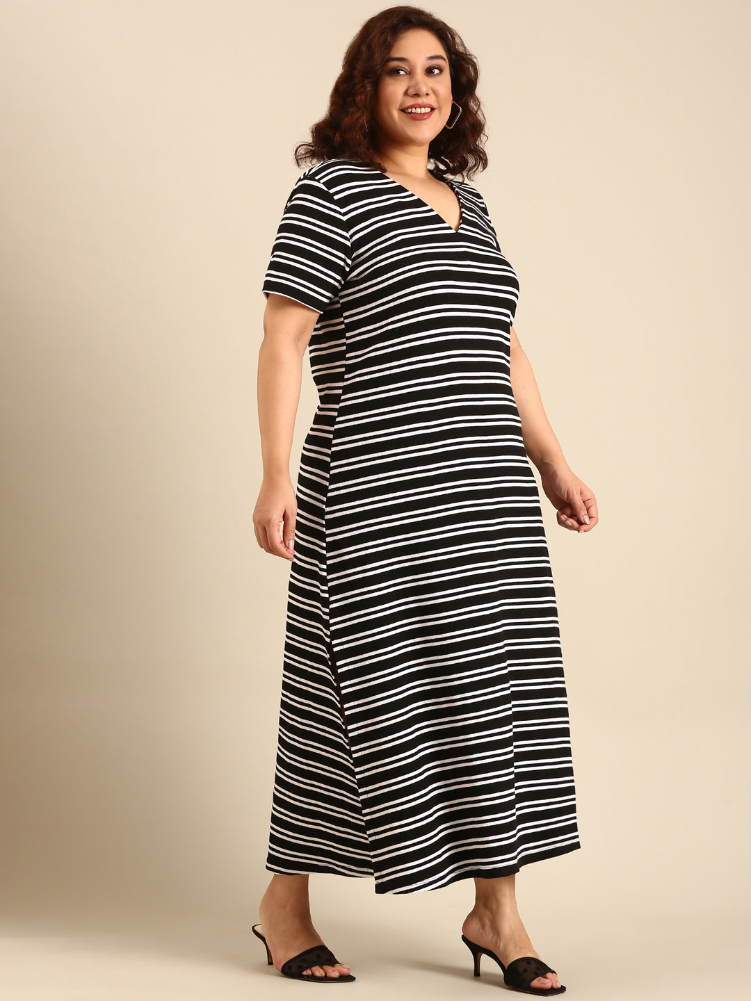 Women Black Striped A-Line Dress