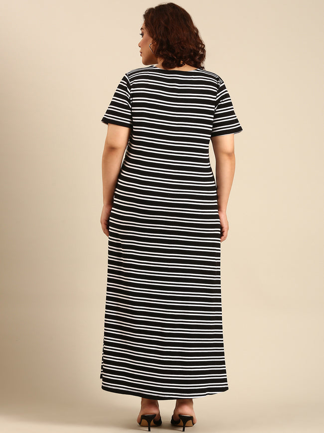 Women Black Striped A-Line Dress