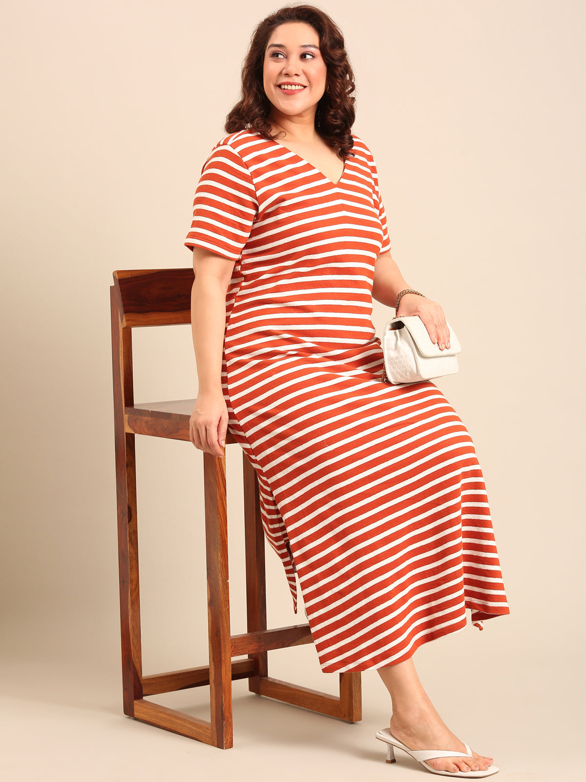 Women Rust Striped A-Line Dress