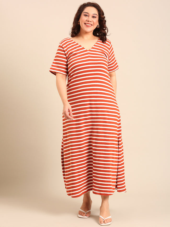 Women Rust Striped A-Line Dress