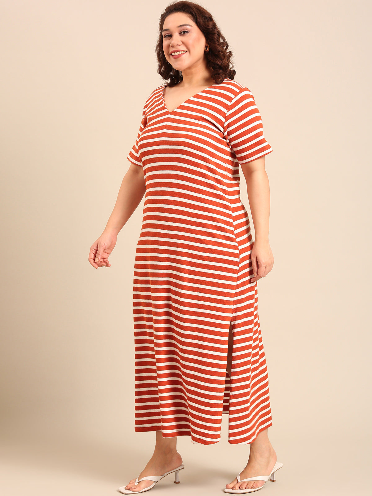 Women Rust Striped A-Line Dress
