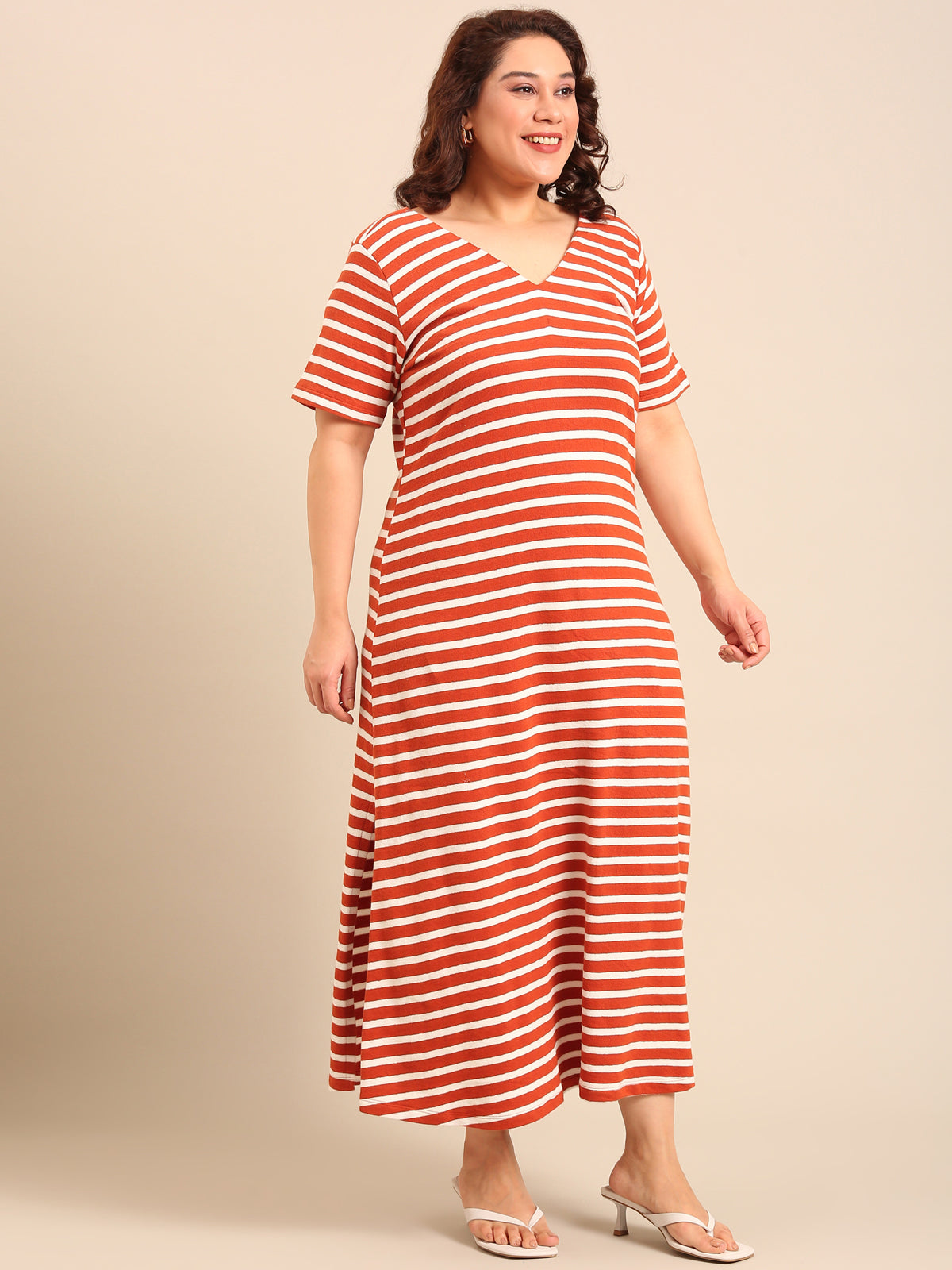 Women Rust Striped A-Line Dress
