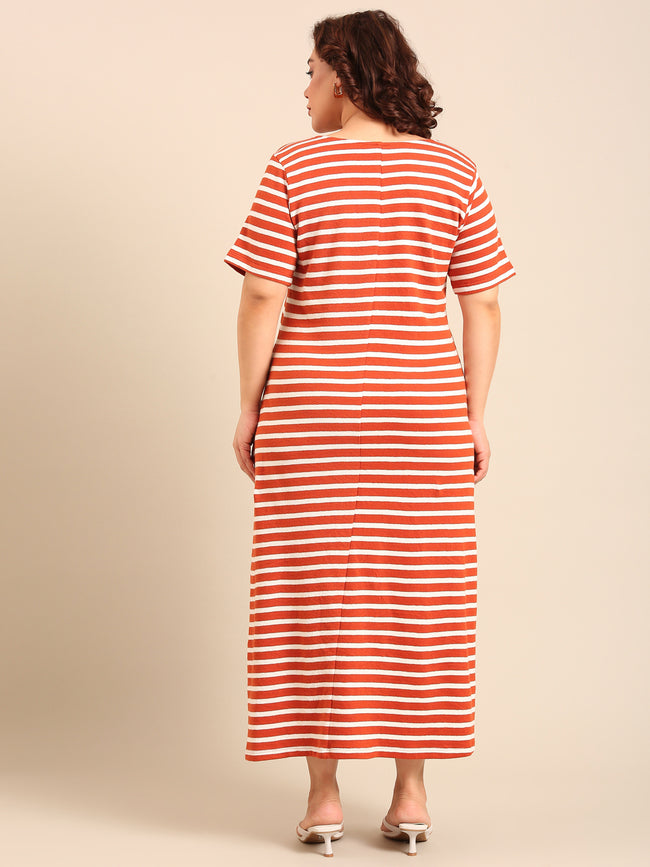 Women Rust Striped A-Line Dress