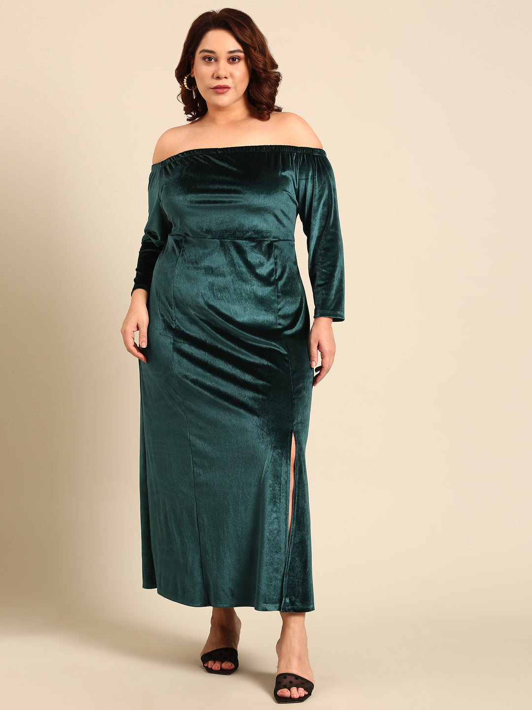 Women Maxi Plus Size Green Velvet Maxi Dress