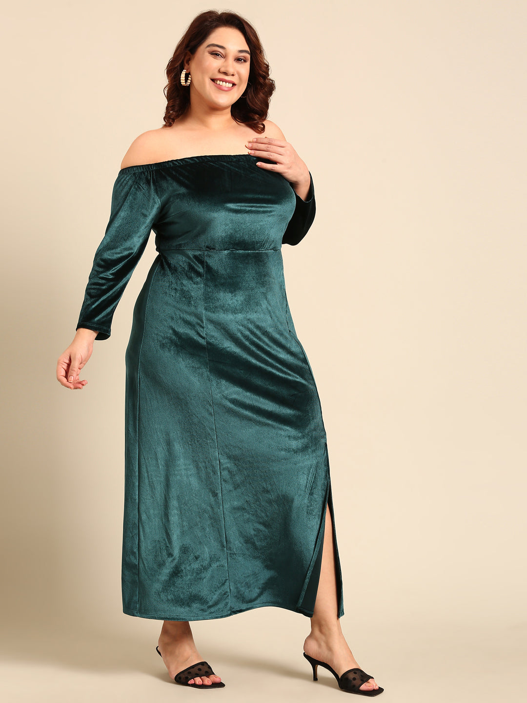 Women Maxi Plus Size Green Velvet Maxi Dress