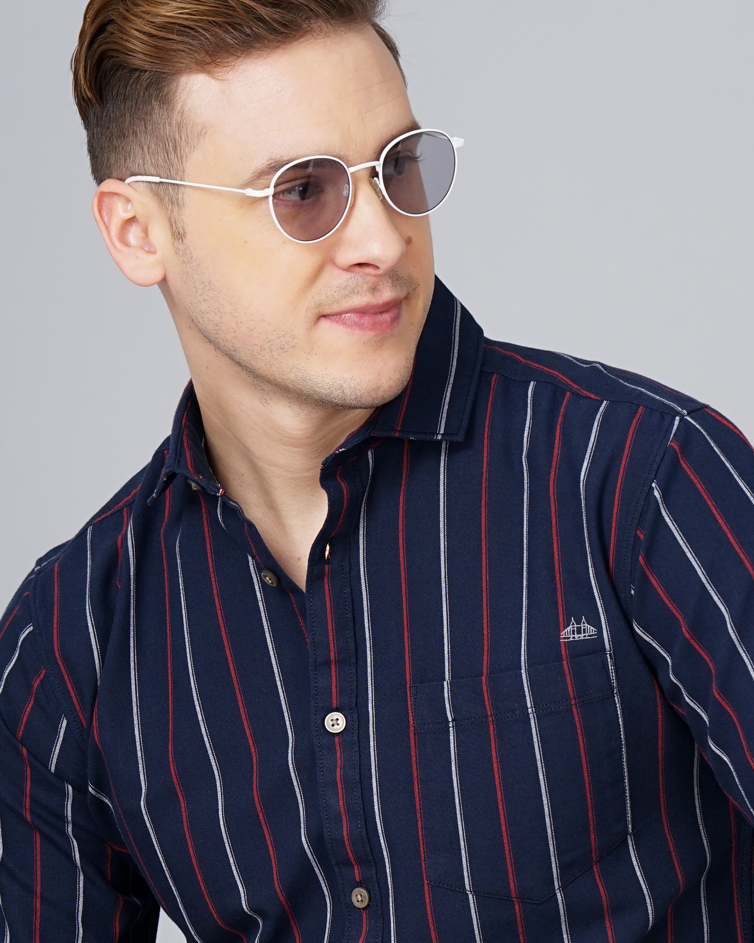 Men Blue Cotton Slim Shirt