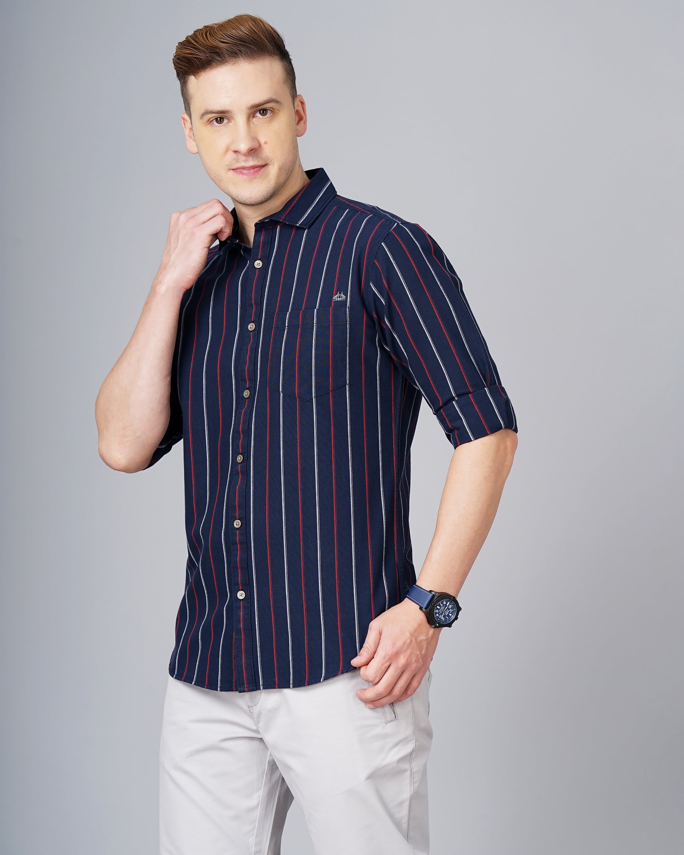 Men Blue Cotton Slim Shirt