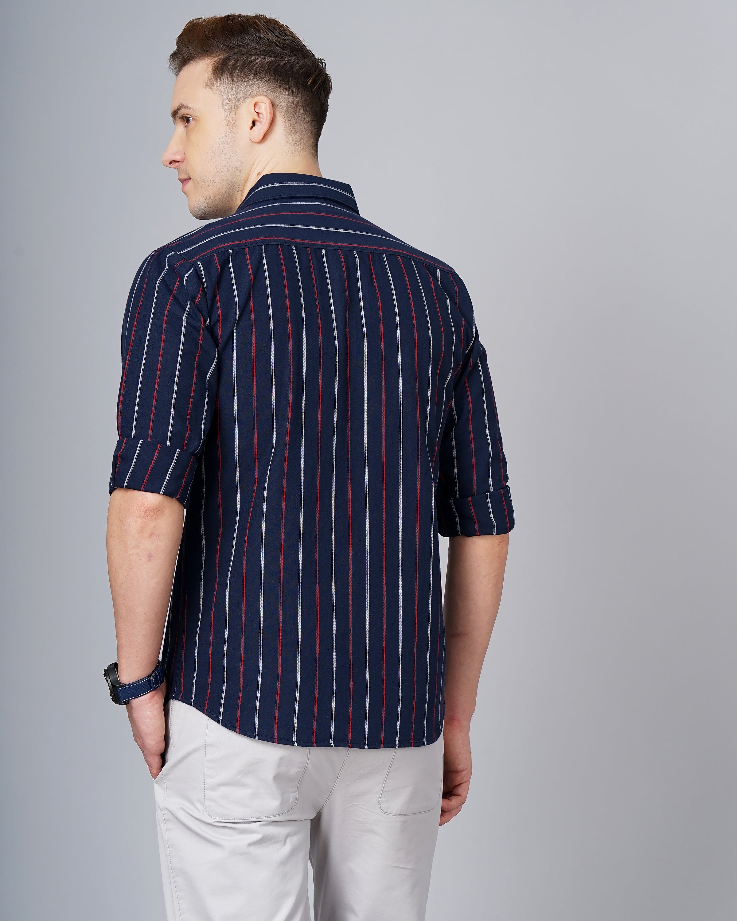 Men Blue Cotton Slim Shirt