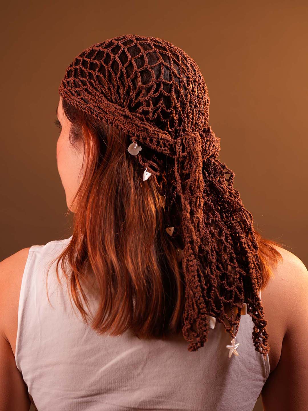 Brown Bohemian Crochet Headscarf with Shell Charms