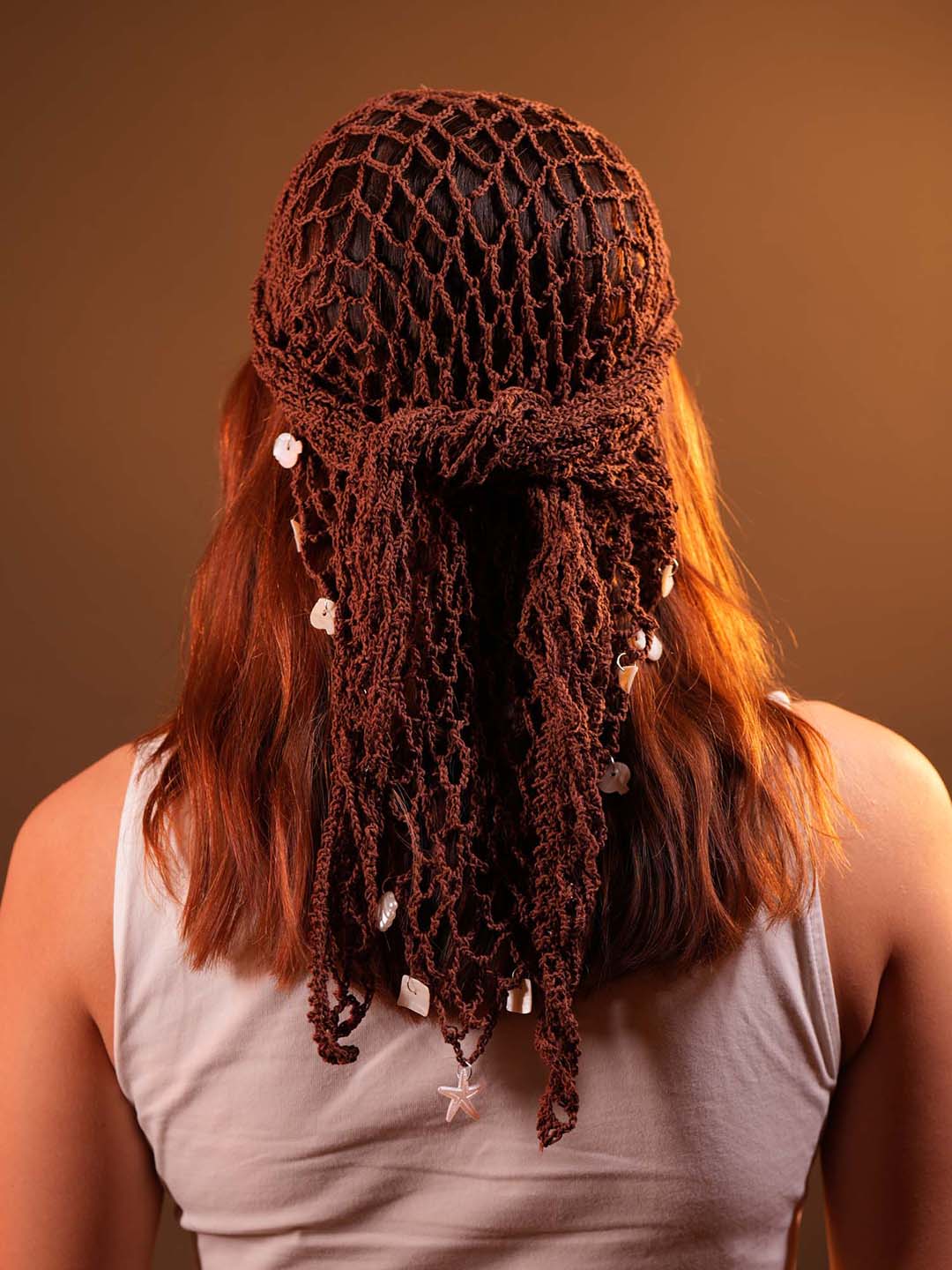 Brown Bohemian Crochet Headscarf with Shell Charms