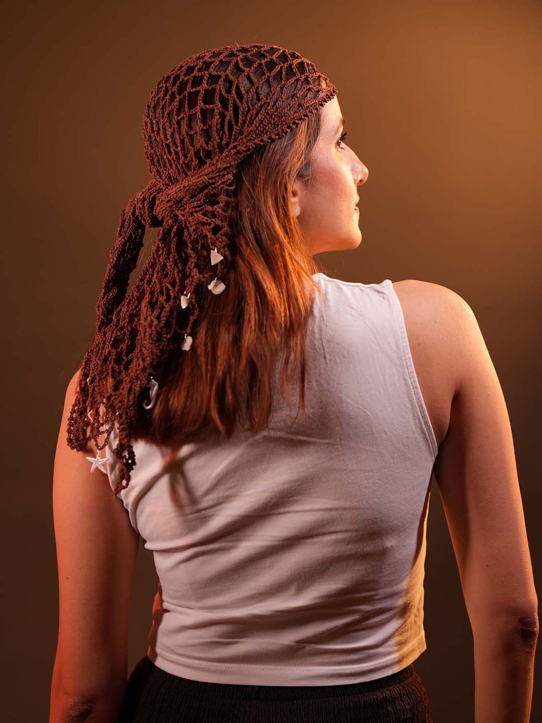 Brown Bohemian Crochet Headscarf with Shell Charms