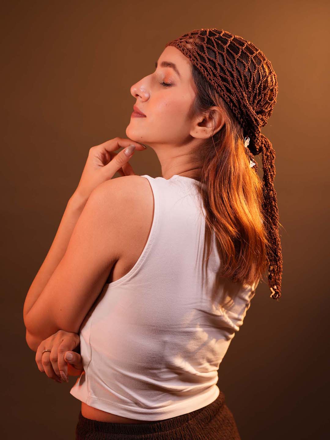 Brown Bohemian Crochet Headscarf with Shell Charms
