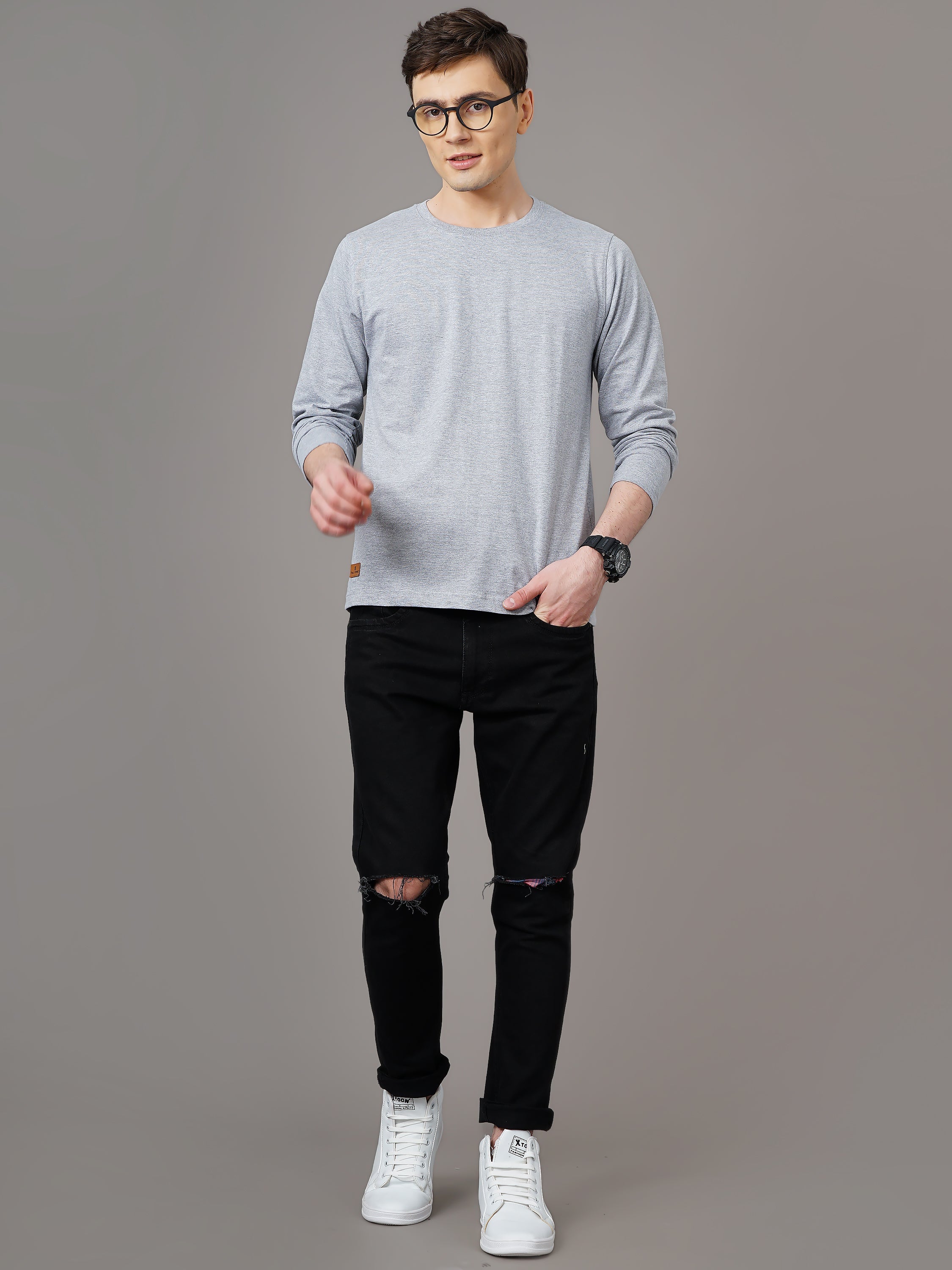 Men Plain Grey Full Sleeve T-Shirt