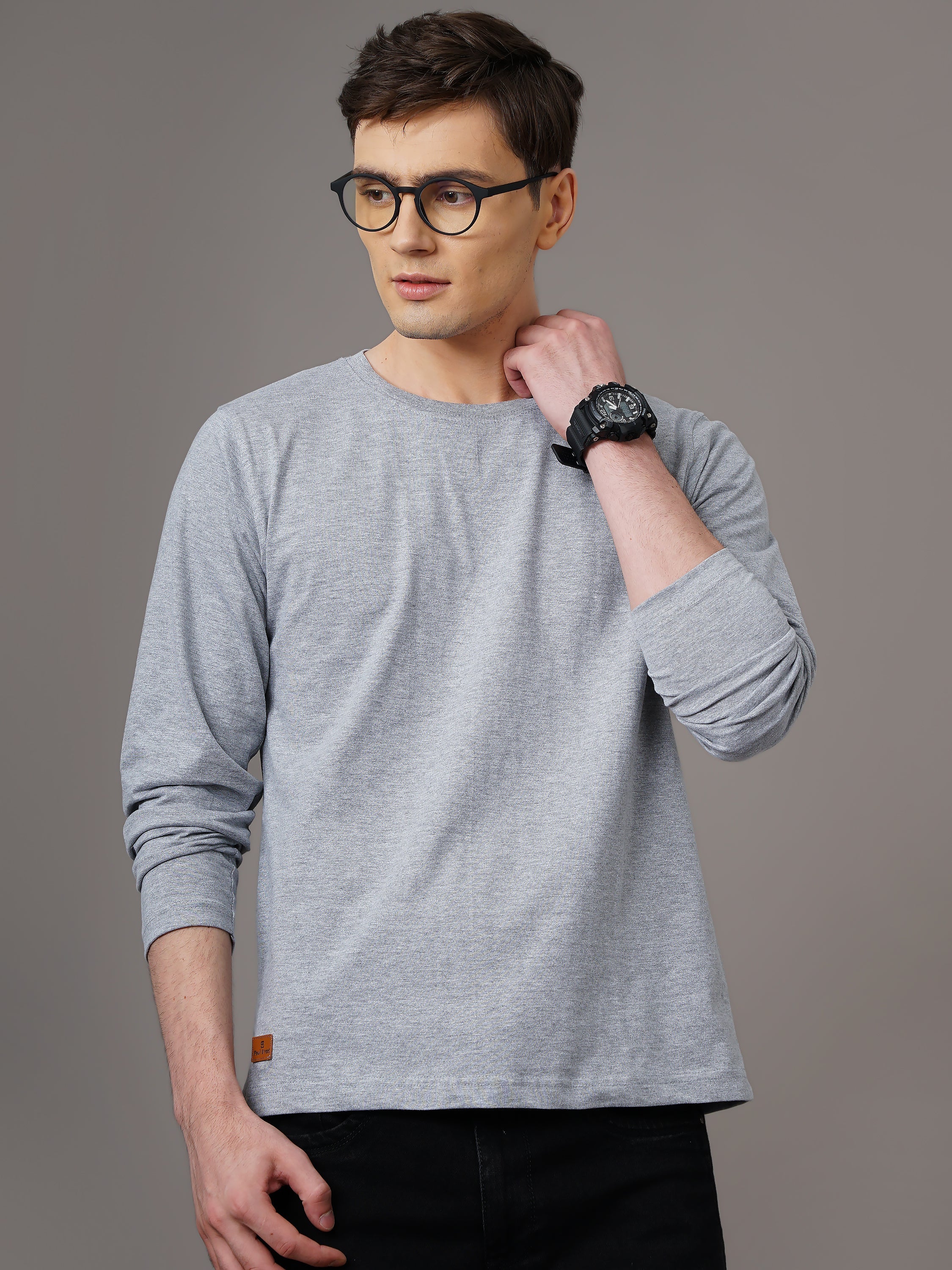 Men Plain Grey Full Sleeve T-Shirt