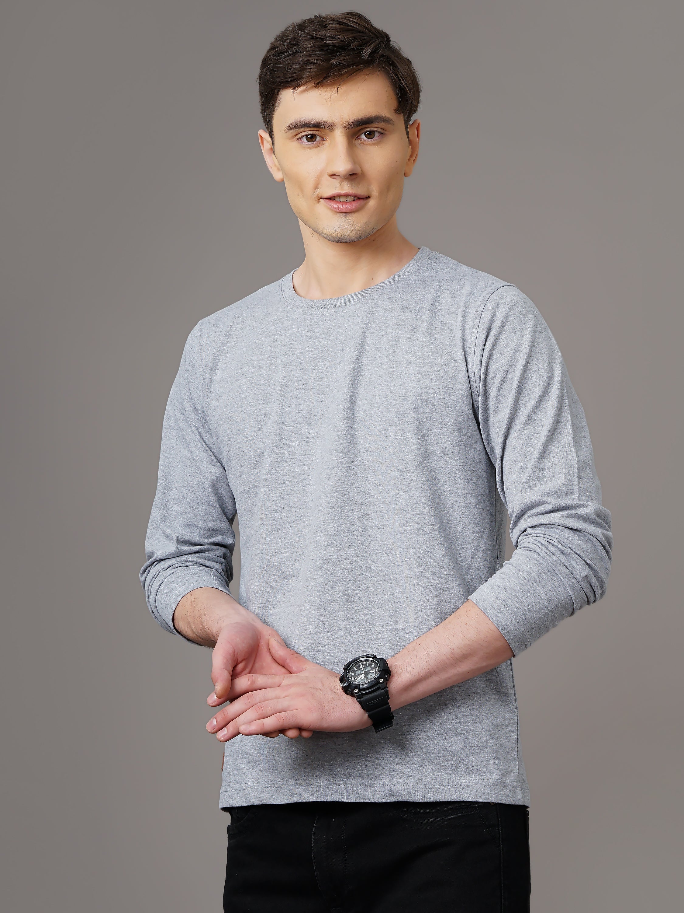Men Plain Grey Full Sleeve T-Shirt
