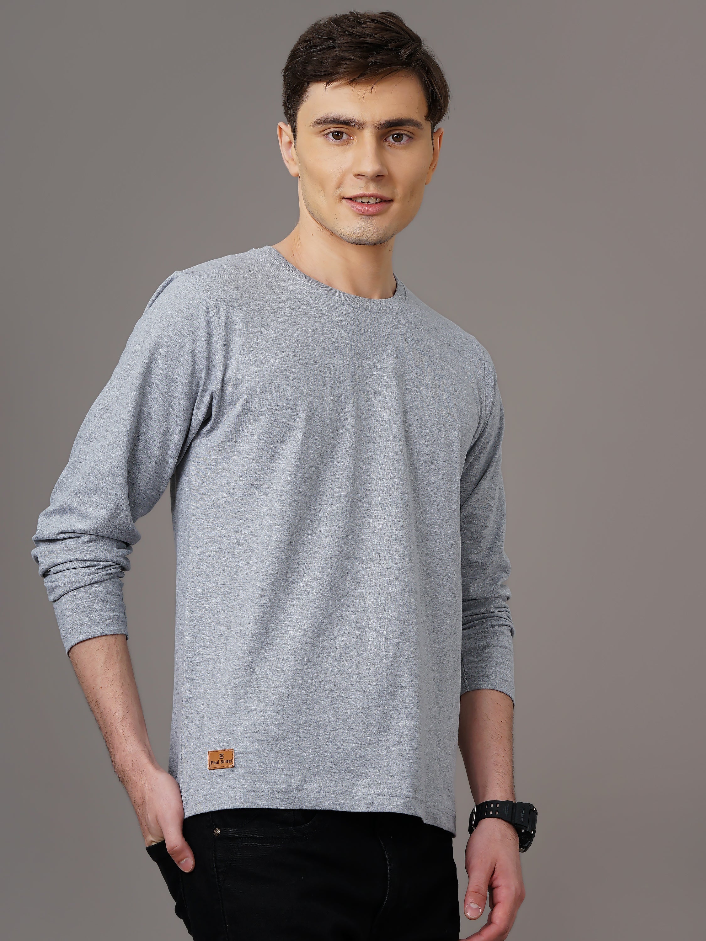 Men Plain Grey Full Sleeve T-Shirt