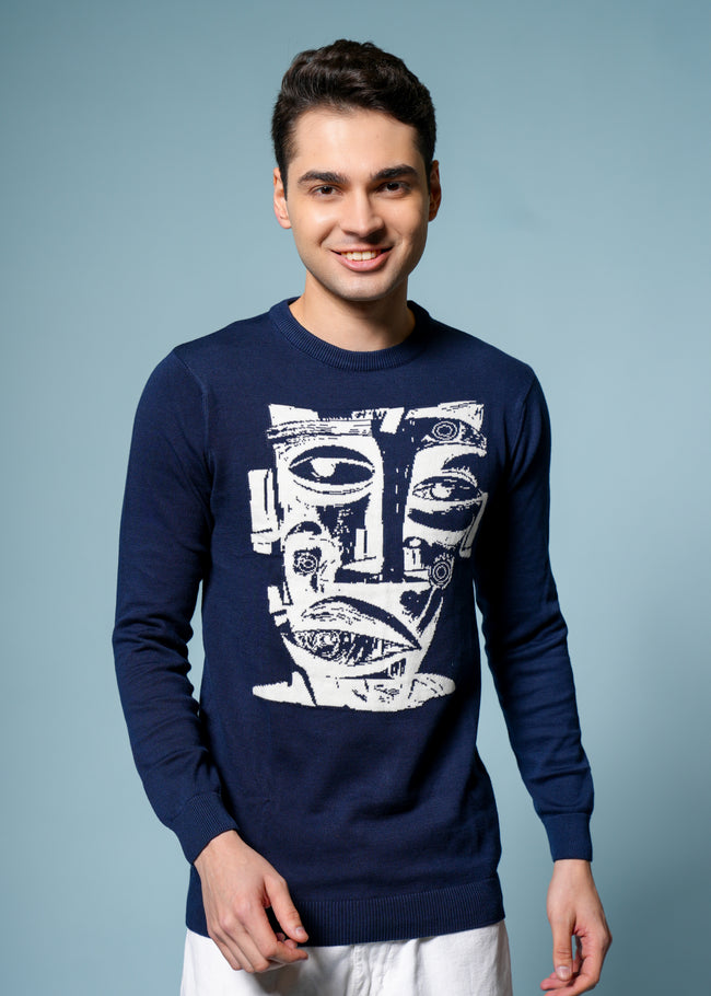 Men Navy Cotton Sweatshirt