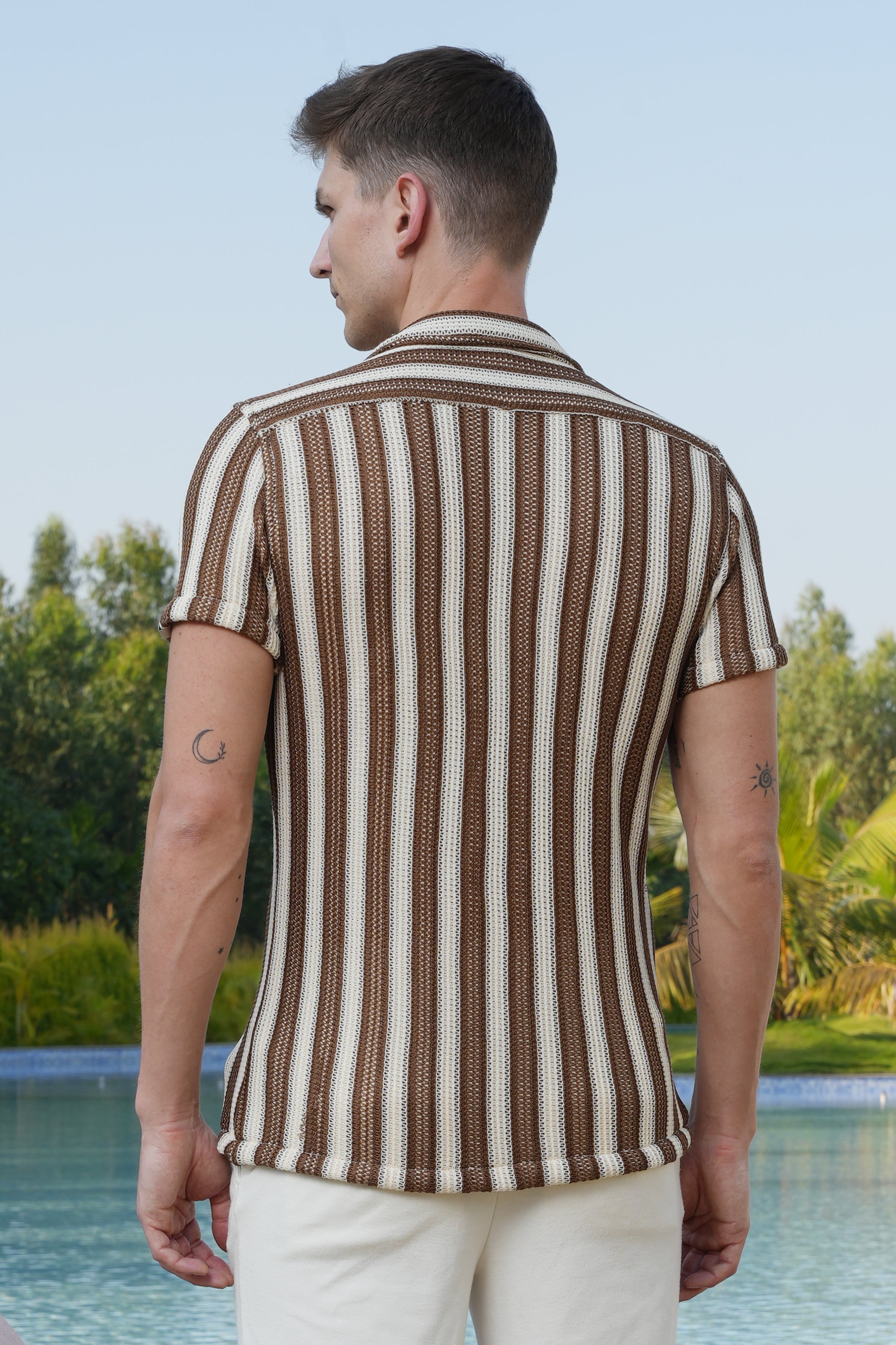 Men Allura Striped Crochet Shirt Brown