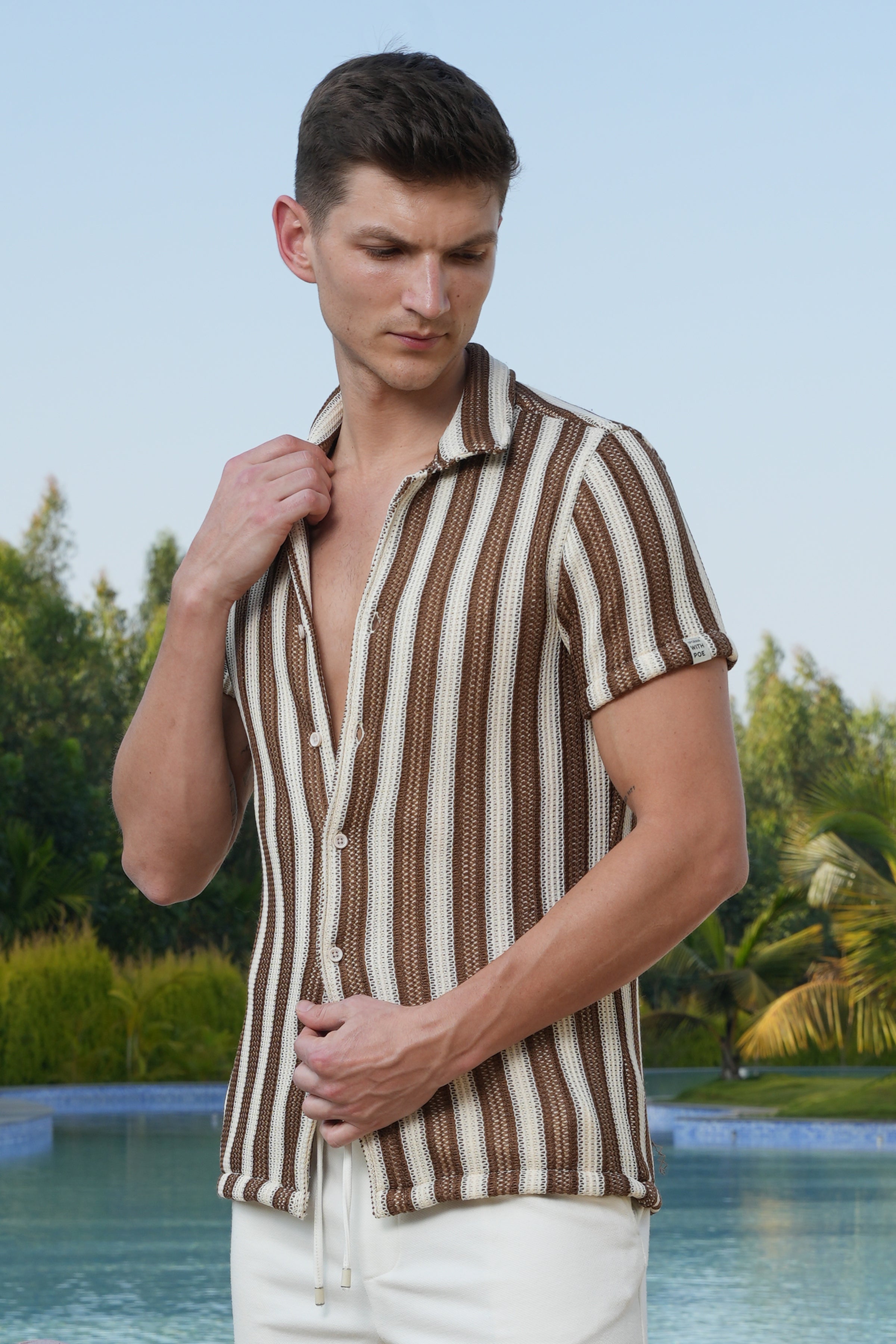 Men Allura Striped Crochet Shirt Brown