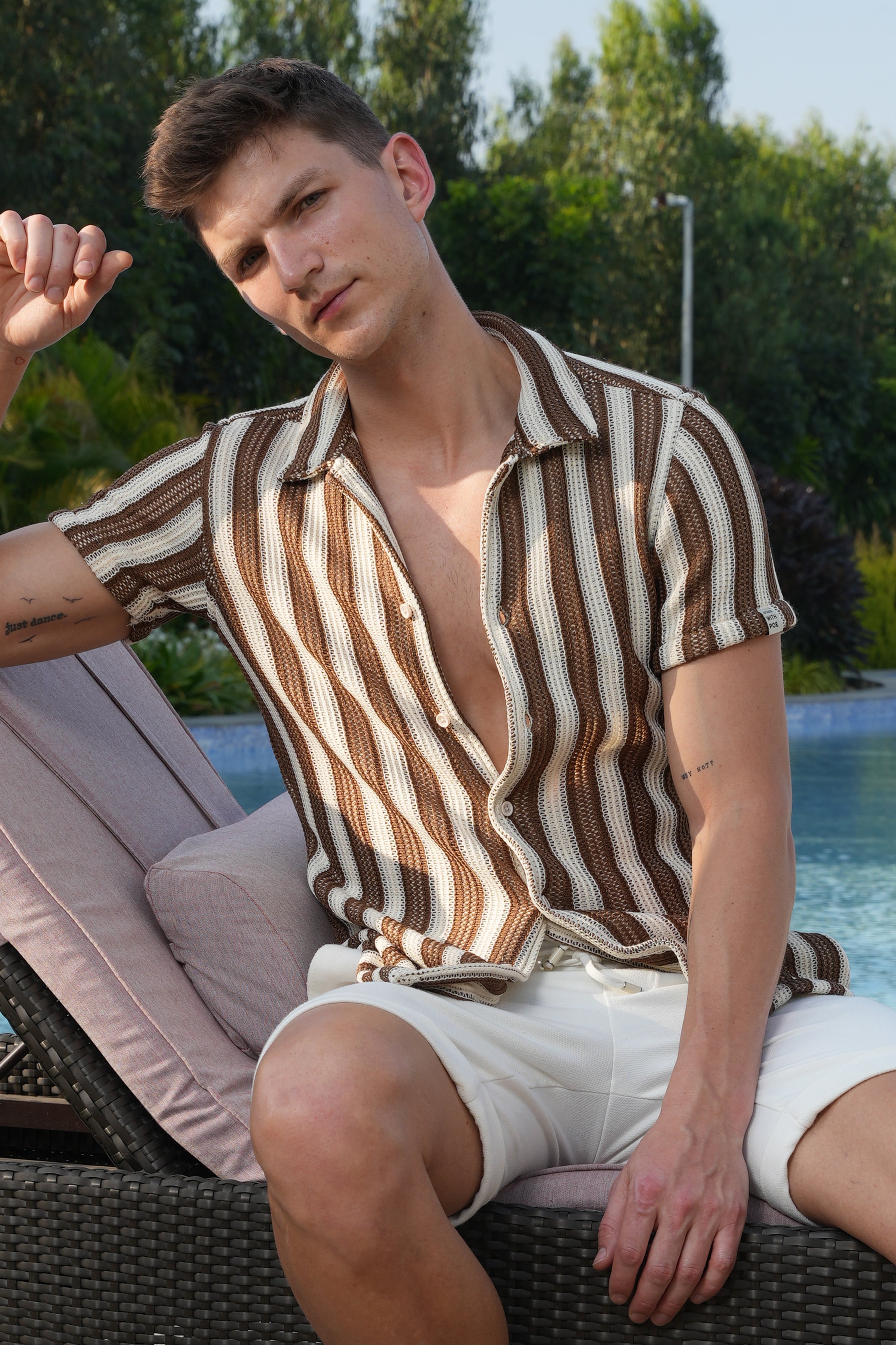 Men Allura Striped Crochet Shirt Brown
