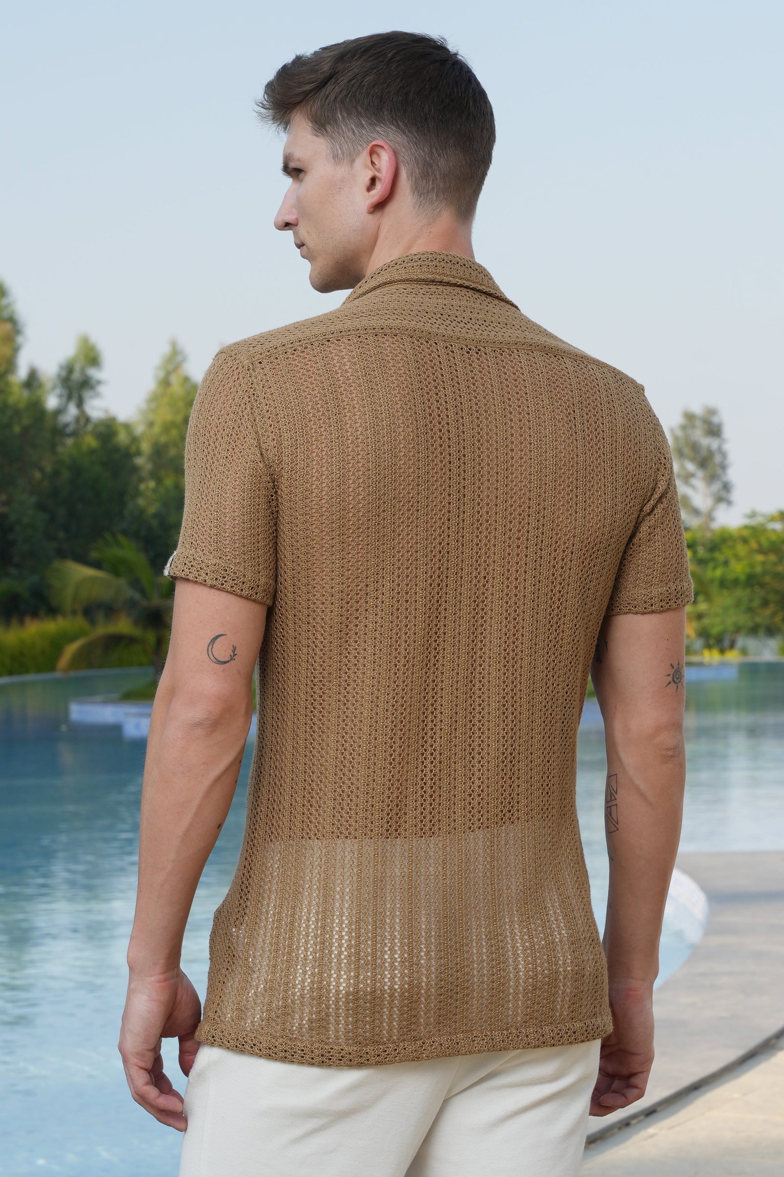Men Angel Solid Crochet Shirt Khaki